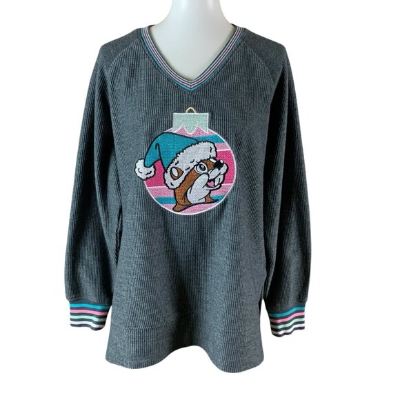 Bucees Gray Knit Holiday Beaver Graphic Sweatshirt Christmas Pullover Large - Picture 1 of 5